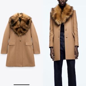 Zara faux fur collar coat, camel